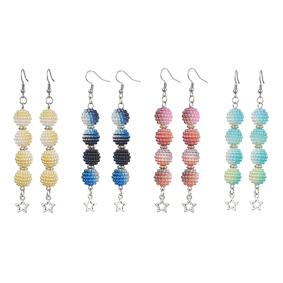4 Pairs 4 Colors Waxberry Round Acrylic Beaded Dangle Earring Sets, Alloy Star Earrings for Women