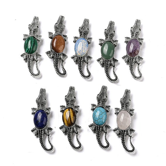 Брошь из сплава с крокодилом из сплава двойного назначения, С камнями, античное серебро