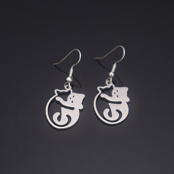 304 Stainless Steel Dangle Earrings for Women, Cat Shape