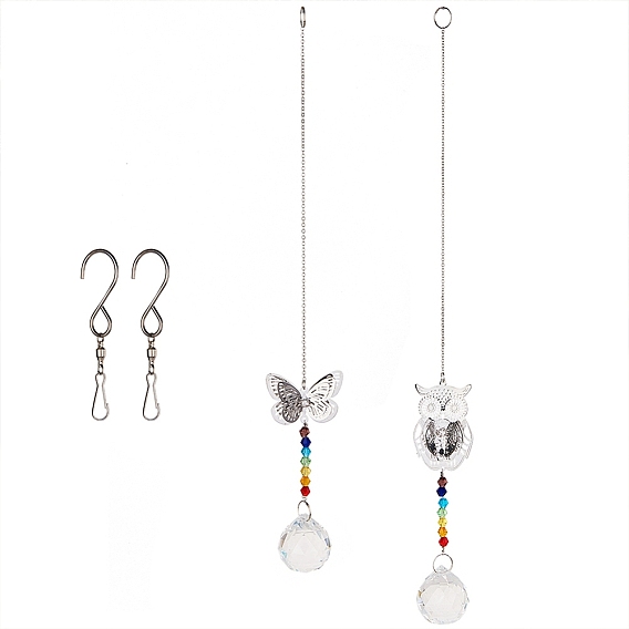 Gorgecraft Crystal Ceiling Fan Pull Chains Chakra Hanging Pendants Prism, with Cable Chains, Stainless Steel Swivel Hooks Clips and Velvet Bags, Butterfly & Owl