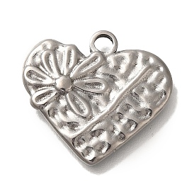 304 Stainless Steel Pendants, Heart with Flower Charm