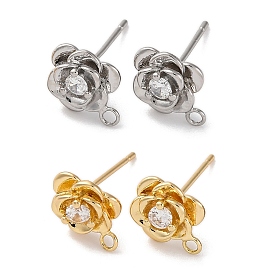 Rose Flower Brass Micro Pave Cubic Zirconia Stud Earring Findings, with Loop, Long-Lasting Plated