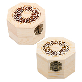 2Pcs Octagon Shape Unfinished Hollow Wood Storage Box, with Hinged Lid, Floral Pattern