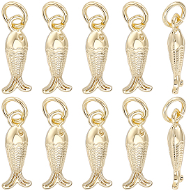 10Pcs Brass Pendants, Fish/Mermaid/Shrimp Charms, with Jump Ring
