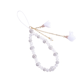 Стеклянный мобильный ремешок, с оболочкой жемчуг, Бусины со стразами, полимерная глина , латунные тросовые цепочки и шифоновые подвески