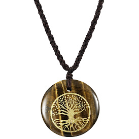 Natural Crystal Hand Carved Tree of Life Pendant Necklace Adjustable Nylon Cord Yoga Energy Jewelry.