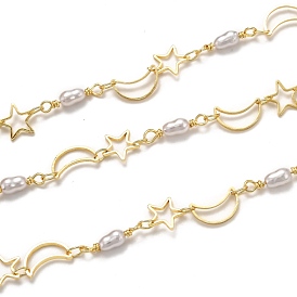 Handmade Brass Link Chains, with Acrylic Imitation Pearl and Spool, Long-Lasting Plated, Soldered, Moon & Star