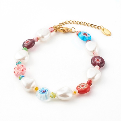 Beaded Bracelets, with Plastic Imitation Pearl Beads and Millefiori Glass Beads, Teardrop, Golden