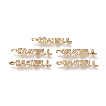 Brass Micro Pave Clear Cubic Zirconia Pendants, Long-Lasting Plated, Word Grateful