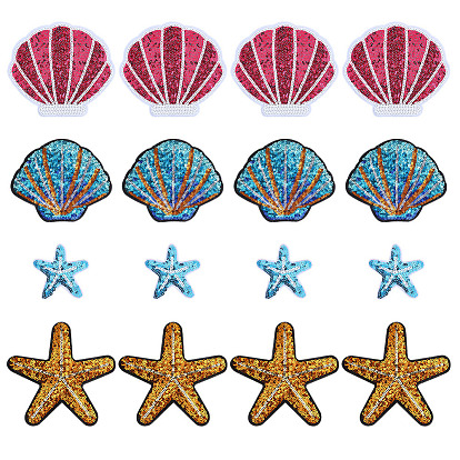 16 шт. 4 стили полиэстеровые и блестящие самоклеящиеся заплатки, наклеить патч, аксессуары для костюма, аппликация, форма раковины и морская звезда