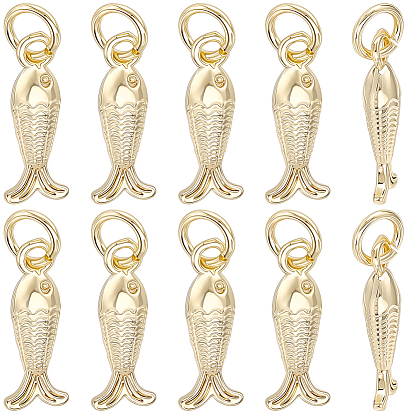 10Pcs Brass Pendants, Fish/Mermaid/Shrimp Charms, with Jump Ring