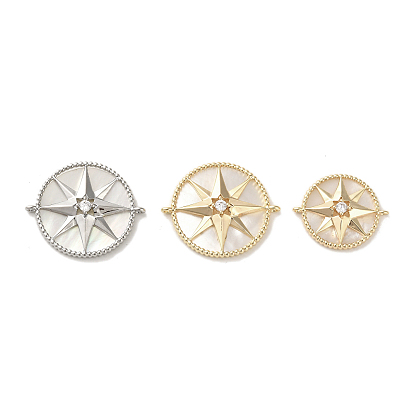 Brass Pave Clear Cubic Zirconia Connector Charms with Shell, Cadmium Free & Nickel Free & Lead Free, Flat Round Links with Star