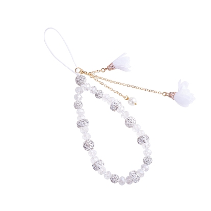 Стеклянный мобильный ремешок, с оболочкой жемчуг, Бусины со стразами, полимерная глина , латунные тросовые цепочки и шифоновые подвески