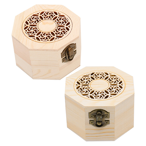 2Pcs Octagon Shape Unfinished Hollow Wood Storage Box, with Hinged Lid, Floral Pattern