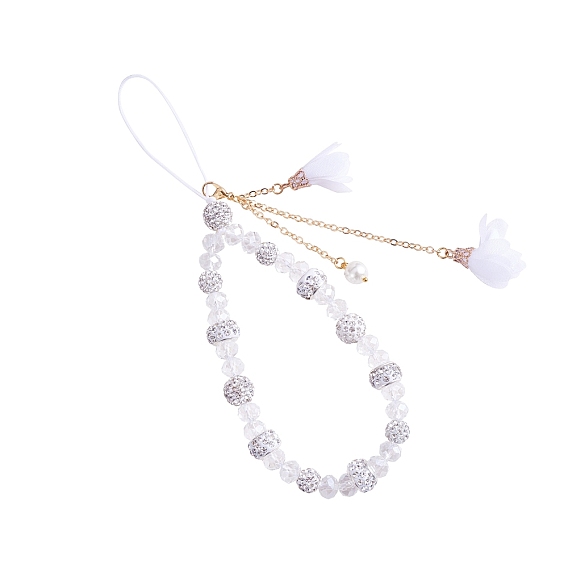 Стеклянный мобильный ремешок, с оболочкой жемчуг, Бусины со стразами, полимерная глина , латунные тросовые цепочки и шифоновые подвески