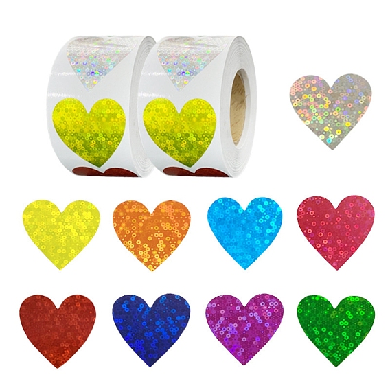 Sparkle Waterproof Plastic Laser Stickers, Self-adhesive Decals, for Card-Making, Scrapbooking, Mobile Phone Shell, Notebooks, Heart with Sequins Pattern