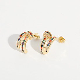 Boho Chic Brass 14k Gold Plated Ear Studs with Colorful Gems and Zirconia Stones
