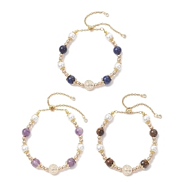 Браслеты-слайдеры для женщин с круглыми бусинами из латуни, ракушечного жемчуга, синтетического гематита, натурального аметиста, натурального тигрового глаза, натурального лазурита, плоские круглые с Девой Марией