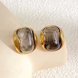 304 Stainless Steel Resin Stud Earrings, Rectangle, Golden