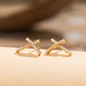 Elegant Crossed Brass & Imitation Pearl Stud Earrings for Women