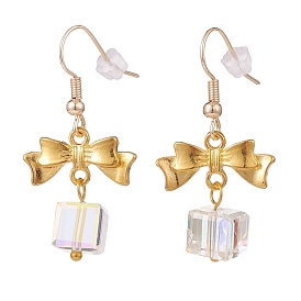 Alloy Bowknot with Clear Glass Cube Dangle Earrings, Brass Jewelry for Women