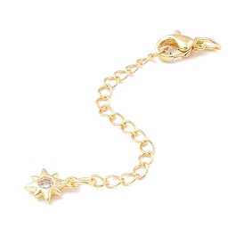 Brass Micro Pave Cubic Zirconia Chain Extender, with Stainless Steel Lobster Claw Clasps and Flower Charm, Long-Lasting Plated