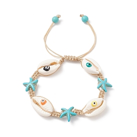 Natural Shell Evil Eye & Synthetic Turquoise(Dyed) Starfish Braided Bead Bracelet, Ocean Theme Adjustable Bracelet for Women