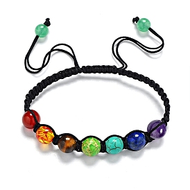 7 Chakra Natural & Synthetic Gemstone/Resin Braided Bead Bracelets, Adjustable Nylon Cord Bracelets for Women