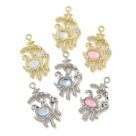 Rack Plating Alloy Pendants, with Rhinestone & Resin, Lead Free & Cadmium Free, Moon with Rabbit