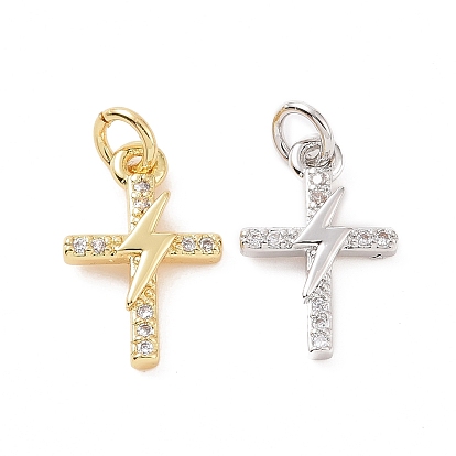 Brass Micro Pave Cubic Zirconia Charms, with Jump Ring, Cadmium Free & Lead Free, Cross with Lightning Bolt Charm