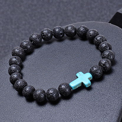 Lava Volcanic Stone Bracelet Cross Turquoise Bead Buddhist Jewelry