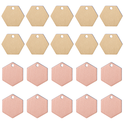 32 piezas 2 colores dijes de latón, estampar etiqueta en blanco, larga duración plateado, hexágono