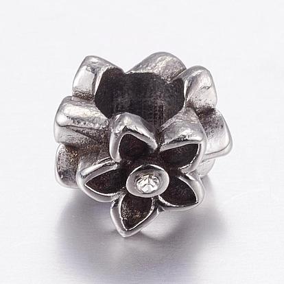 304 Stainless Steel European Beads, Large Hole Beads, with Rhinestone, Flower