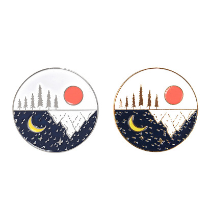 Creative Zinc Alloy Brooches, Enamel Lapel Pin, with Iron Butterfly Clutches or Rubber Clutches, Electrophoresis Black Color, Flat Round with Sun & Moon Pattern