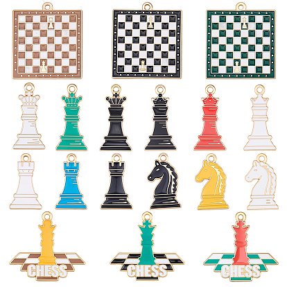 36Pcs 18 Styles Alloy Enamel Pendants, Golden, Chess Charms