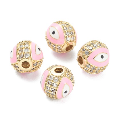 Brass Micro Pave Cubic Zirconia Charms, with Enamel,  Long-Lasting Plated, Flat Round with Evil Eye, Real 18K Gold Plated