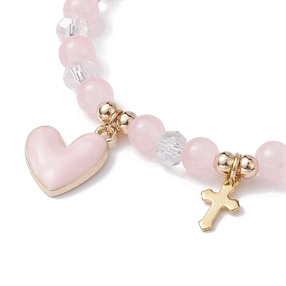 Glass Round Beaded Stretch Bracelets, with Alloy Wing & 304 Stainless Steel Heart Charms
