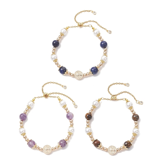 Браслеты-слайдеры для женщин с круглыми бусинами из латуни, ракушечного жемчуга, синтетического гематита, натурального аметиста, натурального тигрового глаза, натурального лазурита, плоские круглые с Девой Марией