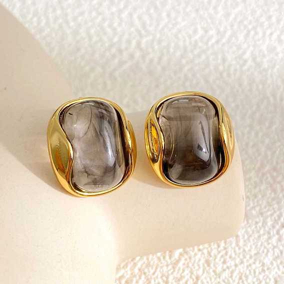 304 Stainless Steel Resin Stud Earrings, Rectangle, Golden