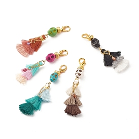 Polycotton(Polyester Cotton) Tassel Pendant Decorations, Halloween Synthetic Turquoise Skull Decoration, with Zinc Alloy Lobster Claw Clasps