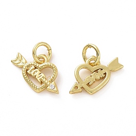 Brass Micro Pave Cubic Zirconia Charms, Real 18K Gold Plated, with Jump Ring, Heart & Arrow & Word Love