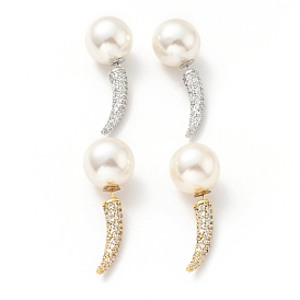 Clear Cubic Zirconia Horn with Acrylic Pearl Front Back Stud Earrings, Brass Jewelry for Women, Cadmium Free & Lead Free
