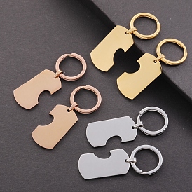 304 Stainless Steel Couples Keychain, Rectangle with Half Heart