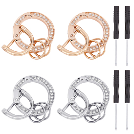 BENECREAT 2 Sets 2 Colors  Zinc Alloy Crystal Rhinestone Spring Gate Rings, with D Rings & Screwdriver