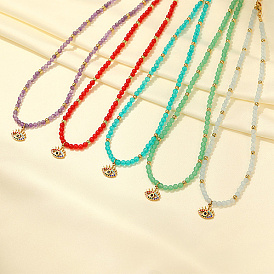 Natural Gemstone Beaded Necklaces, with Golden Plated Metal Eye Charms