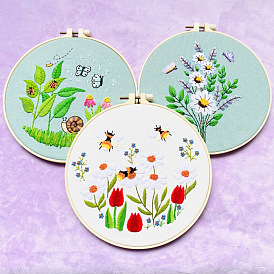 Spring Flower DIY Embroidery Kits, Including Printed Fabric, Embroidery Thread & Needles, Embroidery Hoops