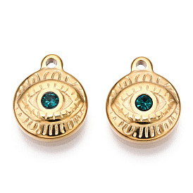 Teal Glass Pendants, with Vacuum Plating 201 Stainless Steel Findings, Flat Round with Evil Eye