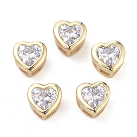 Vacuum Plating Brass Cubic Zirconia Pendants, Multi-Strand Links, Long-Lasting Plated, Heart, Clear