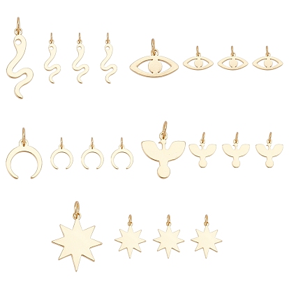 20Pcs 5 Styles Brass Pendants, with Jump Rings, Long-Lasting Plated, Mixed Shapes