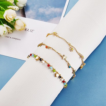 3Pcs 3 Styles Brass Enamel Charm Anklets, with Bar Link Chains and Lobster Claw Clasps